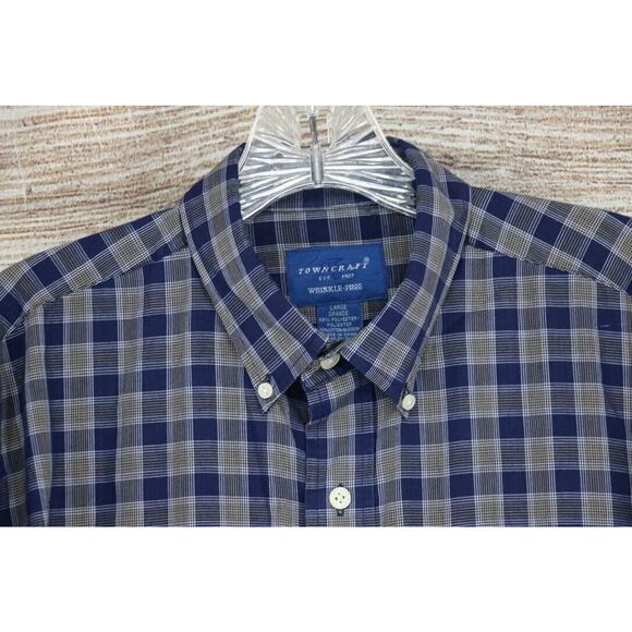 TownCraft Mens Size Large Wrinkle Free Button Up Long Sleeve Plaid Shirt Navy - Picture 2 of 7
